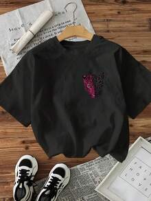 % Cotton [Double-Sided Print], Women's Casual Summer T-Shirt, Leopard Print Style, Round Neck And Short Sleeve, Suitable For All Seasons, Can Be Worn As A Base Layer In Spring And Autumn Or Alone In Summer, Unisex Style,  Thick Cotton Cityboy Style T-Shirt. - 黑色 - 查看 3