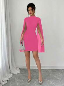 Solid Color Fitted Cape Dress With Mandarin Collar - Red - View 4