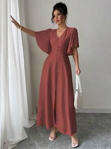 Vestido midi con cuello en V, cintura ceñida, línea A, adornado con botones en el bajo, abertura, mangas abullonadas, en base color albaricoque con grandes lunares marrón oscuro, elegante y vintage francés, apropiado para oficina, paseo, playa, fiesta, hogar, cómodo, estilo bohemio, primavera/verano - Óxido marrón - Ver 3
