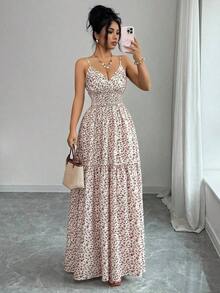 Nuevo vestido elegante para jóvenes damas con diseño de lazo en la cintura, estampado floral diminuto y tirantes de espagueti para vacaciones - Multicolor - Ver 5