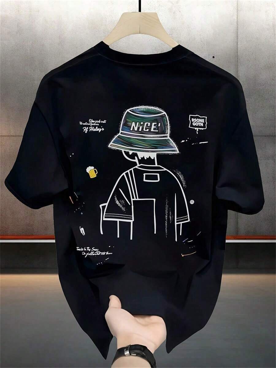 Men's Short-Sleeved T-Shirt From The And Popular Brand Pure, Korean Summer T-Shirts With Casual And Versatile Prints. - 黑色 - 查看 1