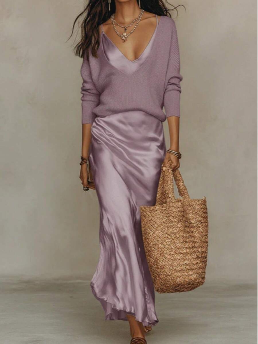Slip Maxi Dress & V-Neck Knit Sweater Outfit, Elegant Casual Matching - 紫色 - 查看 1