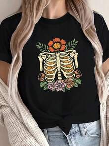 1 Piece Of Women's Solid Color T-Shirt, Artistic Bustier And Floral Design, Comfortable Fit, Short Sleeves, Round Neck - Casual Style, Machine Washable, 180g 100% Cotton. - 黑色 - 查看 1