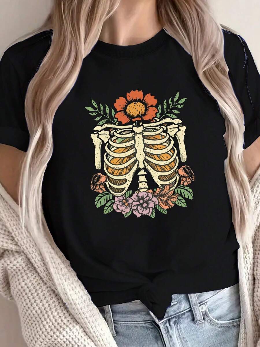 1 Piece Of Women's Solid Color T-Shirt, Artistic Bustier And Floral Design, Comfortable Fit, Short Sleeves, Round Neck - Casual Style, Machine Washable, 180g 100% Cotton. - 黑色 - 查看 1