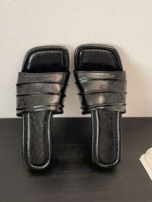 manjingfu Ladies' Casual Thick-Heeled Sandals Feature An Asymmetric Pleated Design, Paired With Open-Toe High-Heeled Slippers; Anti-Slip Slippers, - Black - View 6