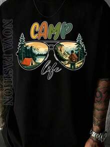 Men's Short-Sleeved T-Shirt, 100% Cotton, With Mountain Graphic Print And Camp Life Style Sunglasses, Round Neck, Breathable, Moisture-Wicking, Soft, For Outdoor Activities Such As Camping, Hiking, For Nature Lovers, Urban Wear, For Everyday And For All Seasons, Comfortable Basic T-Shirt For Adventures. - 黑色 - 查看 10
