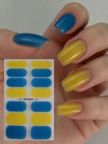 1 Sheet Retro Blue & Yellow Color Block Nail Stickers, Muted Blue And Bright Mustard Yellow Color Combination Design, Full Coverage Nail Stickers With Effortless American Vintage Vibe, Suitable For Creating INS, Y2K Baddie Nails For Music Festivals, Street Style, And Vacation - Multicolor - View 13