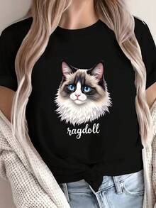 Comfortable Solid Color T-Shirt For Women With A Soft Plush Cat Design. - Black - View 1