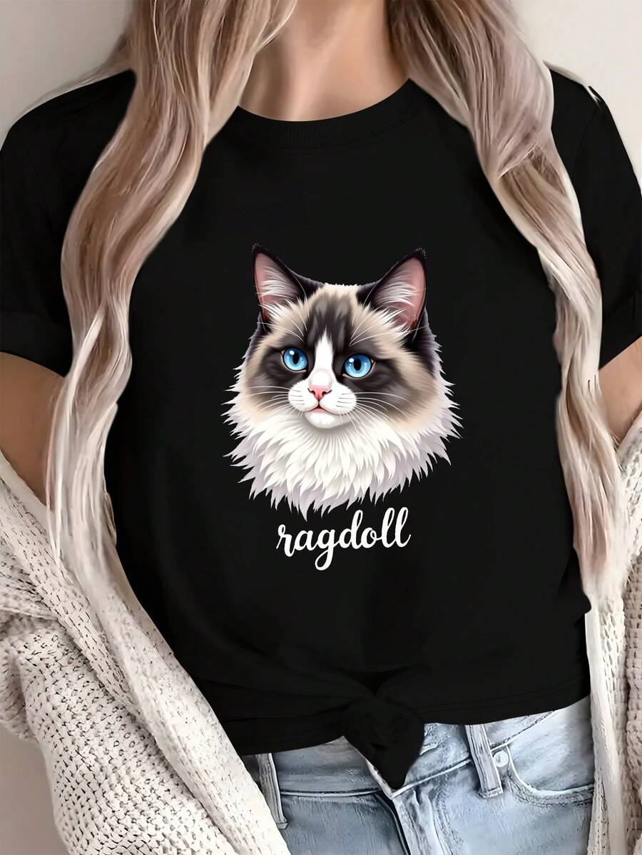 Comfortable Solid Color T-Shirt For Women With A Soft Plush Cat Design. - Black - View 1