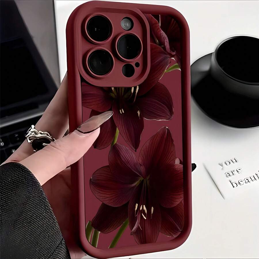 1pc Wine Red Gradient Pattern Minimalist Lens Protection Anti-Fall Anti-Collision Simplistic Wine Red Lily Flower Design Phone Case, Compatible With IPhone 16 Pro Max, 17/16/15/14 Plus/13/12/11, Air, Series - Multicolor - View 1
