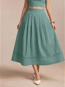 Falda de mujer con diseño de parche, bolsillo lateral y dobladillo de encaje hueco, versátil para oficina, ocasiones formales, elegante transporte urbano, casual diario, retro romántico de los 90, fiesta, invitada de boda, dama de honor, anfitriona, salida, social, cita, fiesta, concierto, ceremonia de graduación, brunch, aeropuerto - Albaricoque 2 - Ver 11