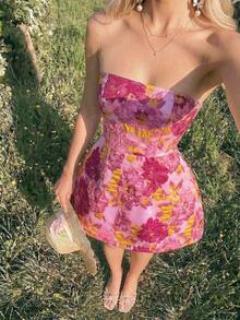 Vestido corto de fiesta de mujer con estilo princesa, línea A, con dobladillo de jacquard bordado de organza, vestido de invitada de boda y fiesta, atuendo de regreso a la escuela, vestido de fiesta de cumpleaños, atuendo de reunión entre hermanas, vestido de fiesta de jardín - Rosa Fucsia - Ver 3