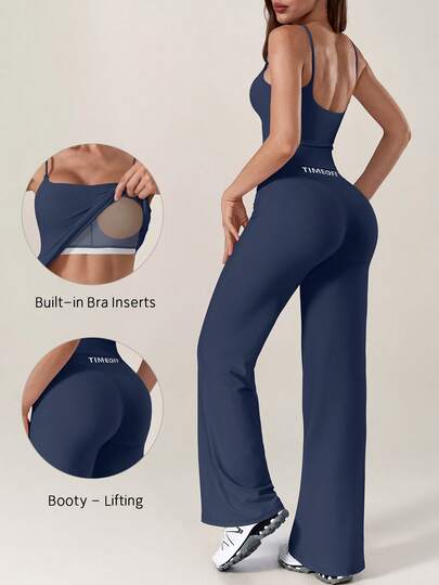 TimeOff Women's One Set Solid Color Spaghetti Strap Removable Padded Camisole And Straight Leg Relaxed Fit Pants Sports Suit