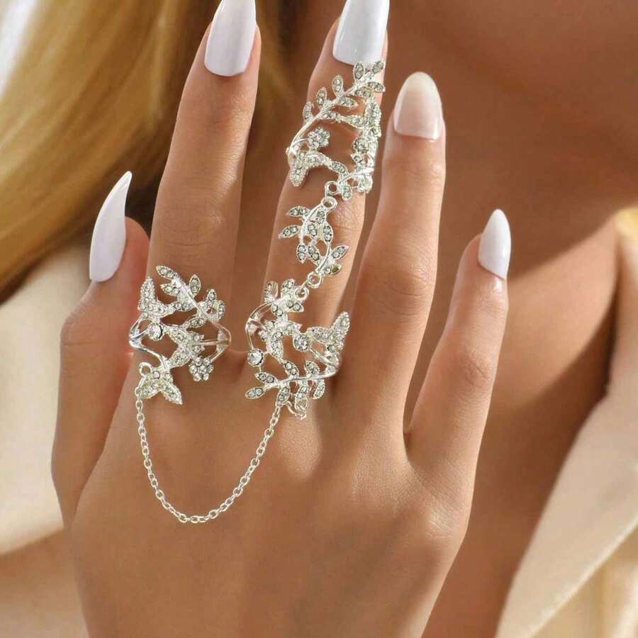 Nhẫn đeo ngón tay điều chỉnh được, kiểu dáng lá cây tinh tế, mang phong cách thời trang Châu Âu và Mỹ, có thể điều chỉnh độ dài. - Bạc - Xem 1