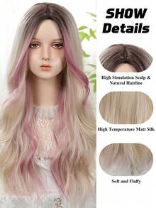 26 Inch Pink Gradient Gold Woven Synthetic Wig - Long Wavy Style Without Bangs; Made Of Heat-Resistant Material, Featuring Fluid Water Wave Texture - Perfect For Photography, Theme Parties, Music Festivals And Other Occasions - 挑染金色 - 查看 8