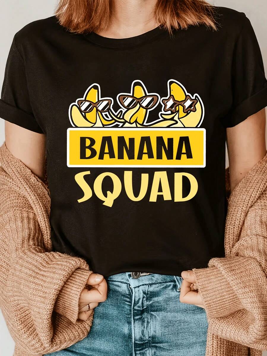 Women's Banana T-Shirt - 100% Cotton - Fun Banana And Star Print, Casual Short-Sleeved Crew Neck Top, Breathable For Spring And Summer, Machine Washable, Suitable For Everyday Wear In All Seasons. Can Be Worn As A Base Layer In Spring And Fall Or On Its Own In Summer. Unisex Style, Thick Cotton City Boy Top. - 黑色 - 查看 1