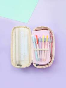 1 pieza Estuche de lápices de lienzo de unicolor minimalista, bolsa de papelería con cremallera de gran capacidad y multifuncional, organizador de escritorio para estudiantes, bolsa de maquillaje duradera para bolígrafos, lápices, reglas y talla grande - multicolor - Ver 8