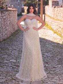 Faeriesty Vestido de noche de lentejuelas de lujo con destellos de sirena y chal transparente, diseño de bordado de escamas de pez exquisito, atuendo formal elegante y noble, adecuado para eventos de alfombra roja, bodas, galas y fiestas de alta gama, vestido de fiesta de cumpleaños de mujer, fiesta de verano - Champán - Ver 5