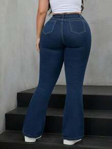 Jeans acampanados con bolsillos para mujer talla grande, aptos para el hogar, uso diario u oficina, primavera, verano - Azul - Ver 5