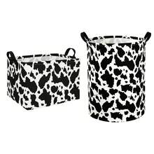1pc Black & White Cow Print Storage Basket, Foldable Rectangular And Round Fabric Storage Box With Handle, Suitable For Home And Farmhouse Decor - Black and White - View 7