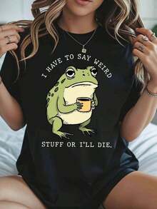 CottonFrog Graphic T-Shirt 'I Have To Say Weird Things Or I'll Die' Casual Loose Fit T-Shirt With Funny Animal Print Summer Essential - 黑色 - 查看 7