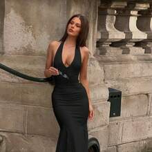 Daleeva Summer, Black Halter Neck Bodycon Dress, Elegant, Date, Birthday, Holiday, Party Casual - Black - View 1