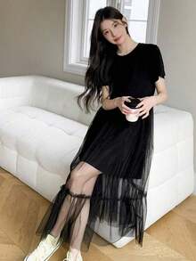 Vestido midi de verano de cuello redondo con manga corta y contraste de malla para mujeres - Negro - Ver 6
