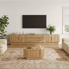 98" TV Stand For Living Room, Modern Entertainment Center With Drawers & Storage Compartments, Large TV Console Fits 55"-95" TVs, Square Top With Grooved Drawer Fronts & Stable Base,Natural - 白色 - 查看 1