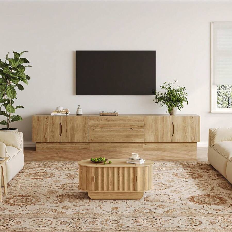98" TV Stand For Living Room, Modern Entertainment Center With Drawers & Storage Compartments, Large TV Console Fits 55"-95" TVs, Square Top With Grooved Drawer Fronts & Stable Base,Natural - trắng - Xem 1