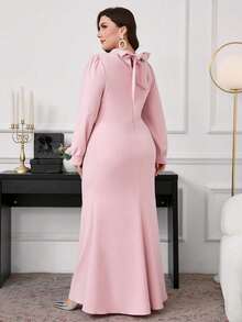 Elegant Pink Plus Size Maxi Dress With Stand Collar And Puff Sleeves Embellished With Floral Applique For Women - Pink - View 2