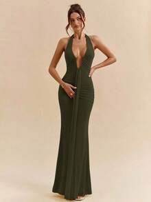 xheSHEIN  Vestido maxi elegante con cuello halter y escote profundo en V, de color amarillo crema, para mujer, para primavera/veranoxhe - Verde militar - Ver 3