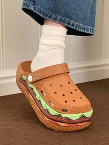 Women's Thick-Sole Sandals, Cute Cartoon Hamburger Design Breathable Slip-On Clogs, Sweet Style For Girls, Waterproof, Non-Slip, Elevated Platform, Suitable For Summer, Outdoor, Home Wear - Brown - View 8