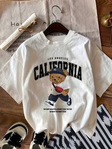 Camiseta de manga corta y corte holgado para mujer con bonito estampado de dibujos animados - Blanco - Ver 1