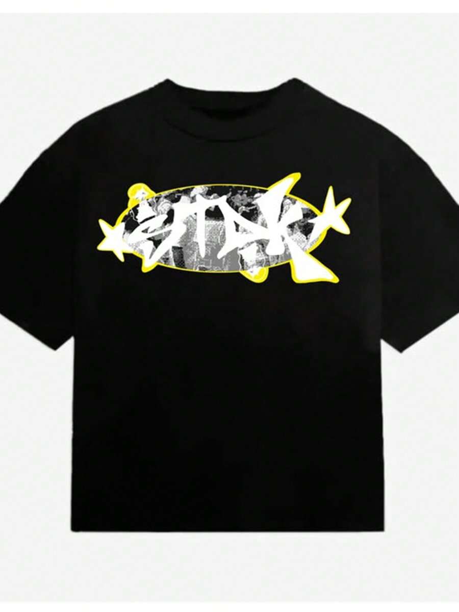 VintageMen's T-Shirt With Graffiti Print - Fashionable Sportswear Summer Tops - Black - View 1