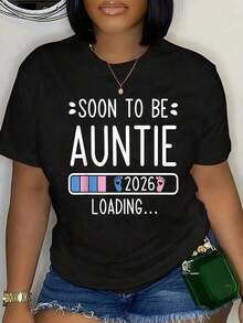 Graphic T-Shirt 100% Cotton Next Aunt 2026 Loading Pregnancy Announcement 2026 For Women And Men, Comfortable Round Neck, For Summer Vacation Round Neck Printed Short Sleeve Casual Everyday T-Shirt, They Are Excellent Gifts For Friends And Family, 100% Cotton T-Shirts Feature, A Youthful And Fashionable Design Everyday Wear - 黑色 - 查看 1