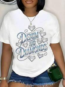 Women's Graphic Denim And Diamond T-Shirt, Fashion Shirt, Casual Garment, Summer Top, It Is A Perfect Choice To Gift To Friends And Family On Any Holiday Or Special Occasion, Summer Clothes For Women, 100% Cotton. - 白色 - 查看 7