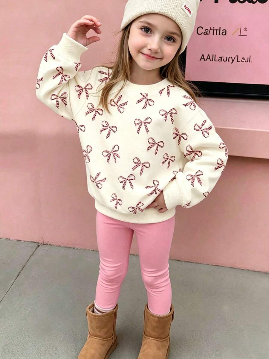 Young Girl Bow Pattern Print Crew Neck Sweatshirt And Leggings - Apricot - View 1