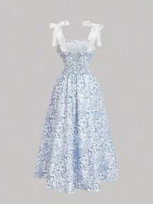 xheSHEIN MOD Vestido largo con estampado floral y tirantes con lazo para mujer, ideal para primavera, graduación, vestidos modestos para mujer, vestidos para vacaciones de primaveraxhe - azul real - Ver 2