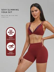 MFVIM Women's Nude Feel Triangle Cup Bra Thin Non-Wired Sports Set Backless Spaghetti Strap Fitness 2-Piece Set - Burgundy - View 3
