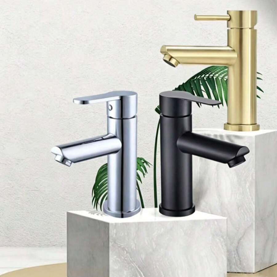 1pc Stainless Steel Bathroom Sink Faucet, Single Hole Single Handle Cold & Hot Water Tap, Deck Mount (1 Hole) - Multicolor - View 1