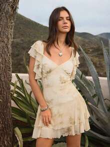 Vestido vaquero mini con volantes, escote en V y estampado de paisley, ajuste ceñido y vuelo para el verano - Multicolor - Ver 3