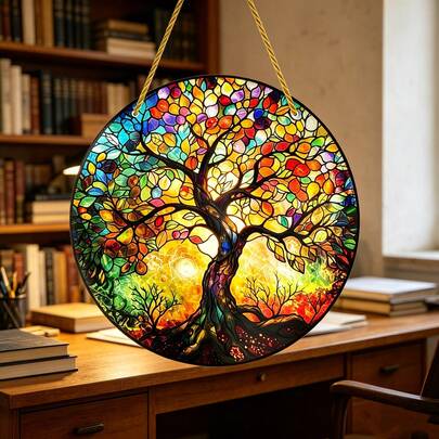 1pc Life Tree Pattern Acrylic Suncatcher, Double-Sided Acrylic Round Window Decor, Suitable For Home, Window, Indoor/Outdoor Garden Decoration