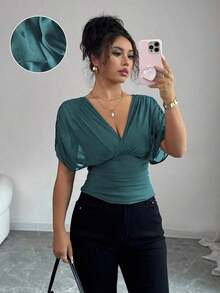 Elenzya Women's Blouse With Bell Sleeves, Gathered Shoulders, Drawstring Waist And Ruffled Hem, Stretch Mesh With Knit Lining, Elegant For Vacation, Beach, Travel And Casual Wear, In Romantic French Style - 白色 - 查看 1