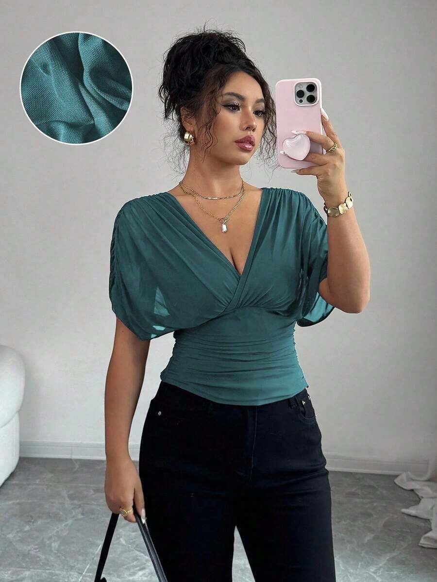 Elenzya Women's Blouse With Bell Sleeves, Gathered Shoulders, Drawstring Waist And Ruffled Hem, Stretch Mesh With Knit Lining, Elegant For Vacation, Beach, Travel And Casual Wear, In Romantic French Style - 白色 - 查看 1
