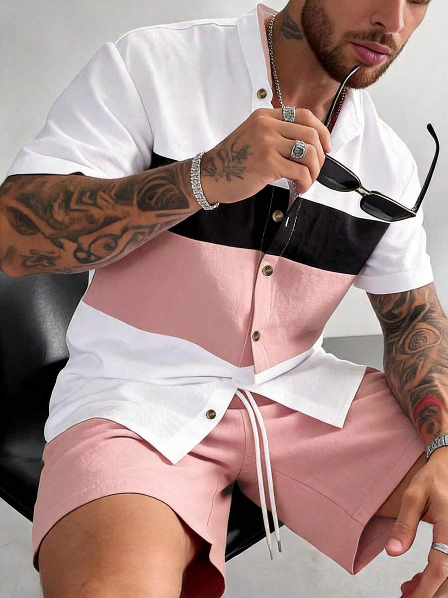 Men's Casual Fashion Set, Short Sleeve Cardigan Top Paired With Drawstring Shorts, 2-Piece Set, Solid Color Contrast Patchwork Design, Loose Fit Shirt And Shorts