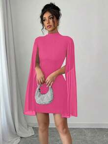 Solid Color Fitted Cape Dress With Mandarin Collar - Red - View 3