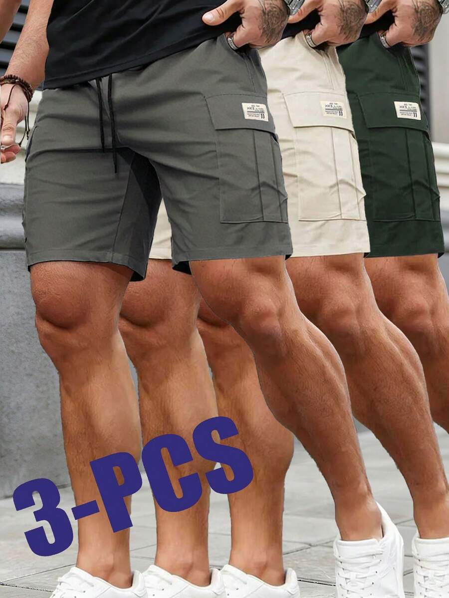 3件裝男士夏季休閒工裝短褲,側口袋設計戶外運動百慕達短褲 - 彩色 - 查看 1