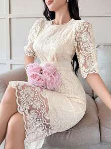 Vestido de encaje bordado de alta gama, vestido de verano para mujer con cuello redondo y abertura lateral hasta la pantorrilla, elegante vestido de cóctel francés para fiestas, ropa de vuelta al colegio - Albaricoque - Ver 7