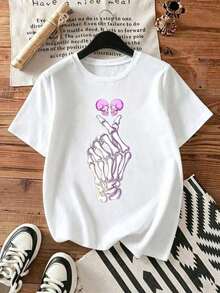 Women's Black T-Shirt With Neon Pink Skeleton Hand Graphic, Casual Short Sleeve Rock And Gothic Aesthetic Style Tee, Modern Cotton Top With Rebel Gesture Design,  Youth Blouse For Concerts And Alternative Streetwear Outfits - 白色 - 查看 1