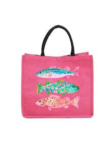 Colorful Fish Pattern Canvas Tote Bag And Wristlet Pouch Set, Reusable Beach Tote Bag With Matching Cosmetic Bag, Ocean Theme Fish Pattern Tote Bag With Black Handle - Multicolor - View 14